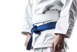 Man in a judo suit with blue belt isolated on white background. Generative AI