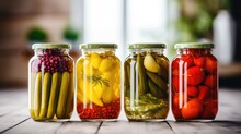Home Conservation For The Winter. 4 Glass Jars With Canned Vegetables Cucumbers, Tomatoes, Herbs, Spices. Healthy Food. Food Blogging, Cookbook, Magazine.