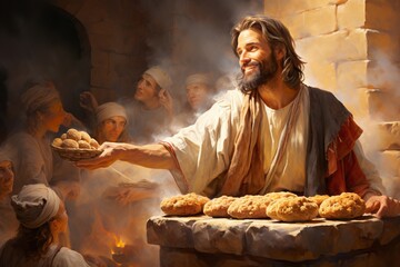 Wall Mural - Jesus Christ fed bread to the poor , bible religion, gospels, ancient scriptures history, Jesus hands giving bread to poor , biblical story to feed hungry, charity.