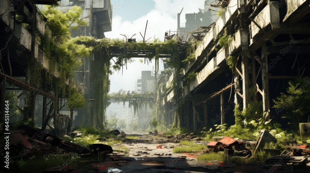 Craft a desolate scene of urban decay, overgrown vegetation, and ...