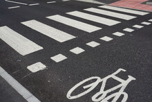 New Zebra Crossing Painted On Road Surface. Road Crossing Point In The UK 