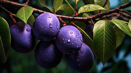 Wall Mural - Close up plums plant. Organic detailed hyper realistic background.