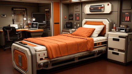 Sticker - a bed with orange blanket and a computer desk