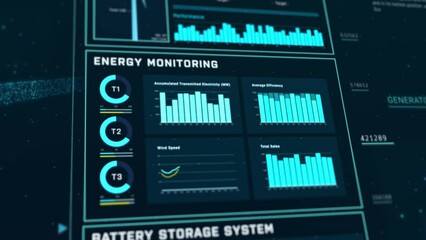 Futuristic wind turbine energy control center interface design, digital data network battery management system, green renewable power technology software, engineering iot HUD information 3d rendering