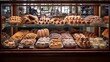 a traditional Italian bakery, with biscotti, cannoli, and sfogliatelle artfully displayed in glass cases, tempting customers with sweet delights