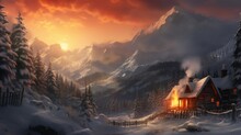 A Traditional Log Cabin In The Woods, Smoke Rising From The Chimney, Surrounded By A Pristine Winter Landscape