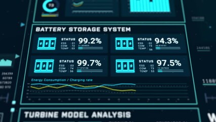 Futuristic wind turbine energy control center interface design, digital data network battery management system, green renewable power technology software, engineering iot HUD information 3d rendering