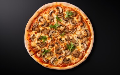 Wall Mural - Mushroom pizza on isolated black background, top view angle, generative ai