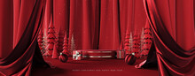 Red Christmas Greeting Card. Empty Round Podium For Product Presentation On Red Background. 3D Rendering, 3D Illustration
