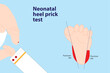 Neonatal heel prick test illustration. Newborn foot with blood and the test paper And foot illustration with the correct puncture site