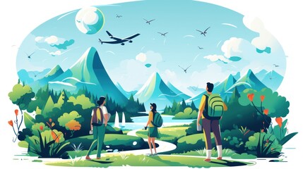 Wall Mural - Illustration where people travel, discover new places and enjoy life