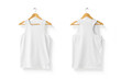 Blank White Tank Top Shirt Mock-up on wooden hanger, front and rear side view.  Isolated on a transparent background, PNG. High resolution.