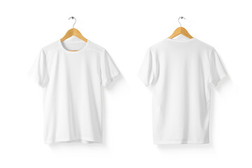 Wall Mural - Blank White T-Shirt Mock-up on wooden hanger, front and rear side view.  Isolated on a transparent background, PNG. High resolution.