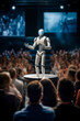 © Javier - A futuristic robot giving a speech to a large group of people who listen absorbed, out of focus faces, vertical