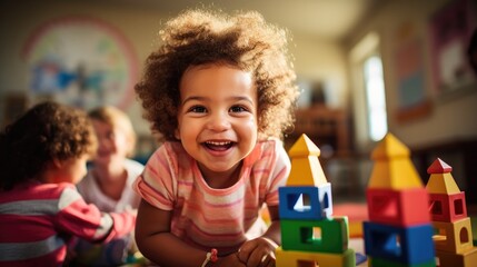 Sticker - A little girl laying on the floor playing with blocks. Generative AI.