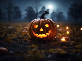 Poster - A halloween pumpkin sitting in the middle of a field. Generative AI.