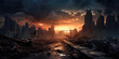 Apocalyptic landscape with rubble and ruins, post apocalypse city at sunset