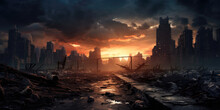 Apocalyptic Landscape With Rubble And Ruins, Post Apocalypse City At Sunset