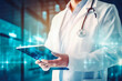 © VisualProduction - Close up of doctor holding electronic tablet and looking at health icons on it