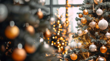 Christmas Tree With Golden Baubles And Lights, Bokeh Background