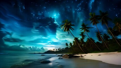 Wall Mural - A tropical Caribbean beach with a starry night sky and Milky Way visible overhead, stunning Scenic World Video Landscapes Timelapse, Generative AI