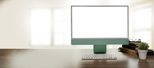 Wall Mural - laptop with blank screen on table. room with decorations and copy space computer with blank copy spa