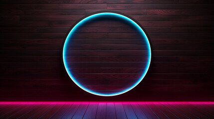 Wall Mural - Empty stage with circle neon lights and wood floor background