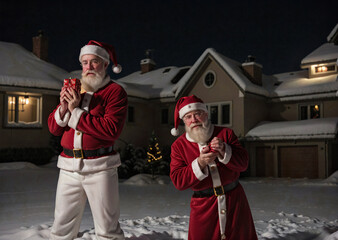  santa claus holding their christmas presents near the house at night