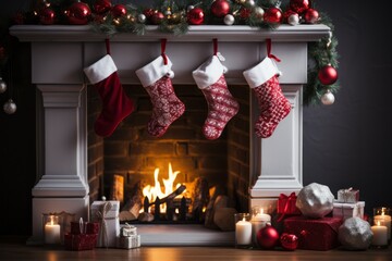 Socks for gifts in a festive interior. Merry christmas and happy new year concept