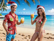 © RJ.RJ. Wave - couple in santa hats with cocktails on the beach