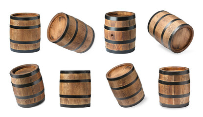 Canvas Print - Collage of wooden barrel on white background, different sides