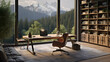 cozy home office setting with a panoramic view of the outdoors through large windows ai generated