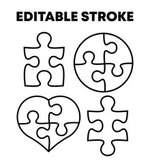 Puzzle pieces outline set isolated on white background. Editable stroke vector.