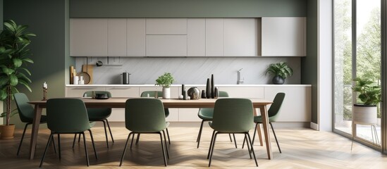 Minimalist illustration of a modern kitchen with green and gray interior, big windows, and herringbone parquet floor.