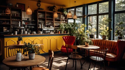 Brewed Dreams: Empty Coffee Shop Awaits its Patrons, Tranquil Moments Before the Morning Rush