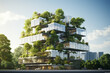 Modern apartment building with green trees and blue sky. 3d rendering
