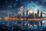 Fototapeta Nowy Jork - Futuristic city with glowing lights and digital interface. 3D rendering