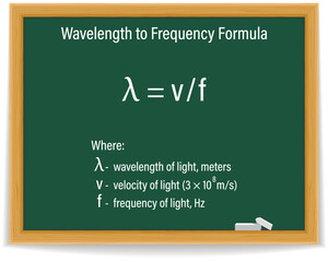 Wavelength to Frequency Formula on a green chalkboard. Education. Science. Formula. Vector illustration.