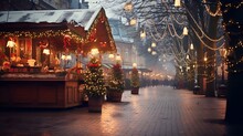 Christmas Trees And Decorations Adorning A Shop Front At A Winter Street Market
