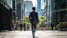 スーツを着ているアジア人が、昼間のビジネス街を颯爽と歩いている後ろ姿　全身が映っている