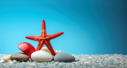 Poster - Red starfish and pebbles on blue background with copy space. High quality photo