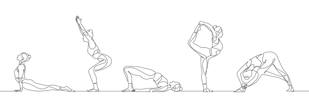 continuous one line drawing group of women doing yoga. aerobic sport girl exercise for modern health