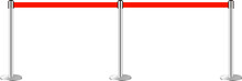 Realistic Retractable Belt Stanchion. Crowd Control Barrier Posts With Caution Strap. Queue Lines. Restriction Border And Danger Tape.