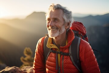 Wall Mural - Smiling portrait of a happy senior man hiker hiking in the forests and mountains