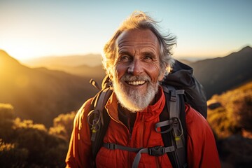 Wall Mural - Smiling portrait of a happy senior man hiker hiking in the forests and mountains