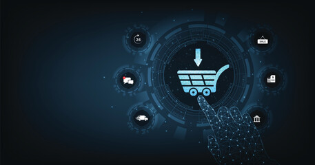 Aufkleber - Online business and Internet trading concept. A virtual image cart on a dark blue background conveys purchasing products and services via the Internet.	