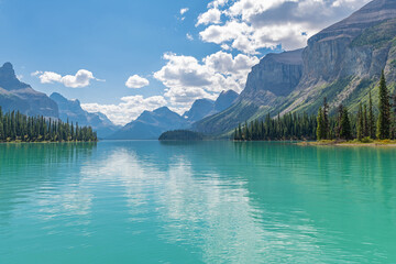 Wall Mural - Maligne Lake summer reflection with canadian rockies, Jasper national park, Canada.