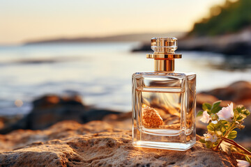 Perfume bottle on sandy beach with seashells, closeup