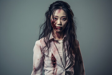 studio portrait of zombie asian woman wearing business suit