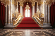 Interior Of Royal Palace With Red Carpet And Stairway, 3d Render